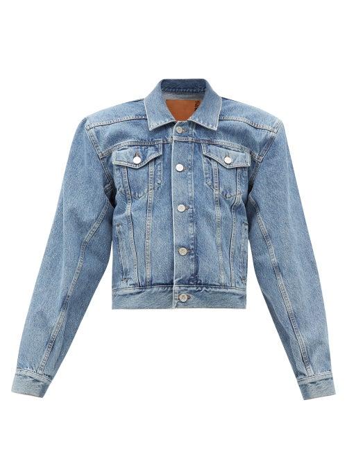 Matchesfashion.com Vetements - Padded-shoulder Logo-collar Denim Jacket - Womens - Denim