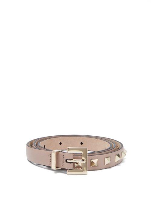Matchesfashion.com Valentino - Rockstud Skinny Leather Belt - Womens - Beige