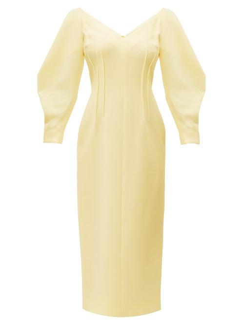 Matchesfashion.com Emilia Wickstead - Calla V Neck Wool Crepe Midi Dress - Womens - Yellow