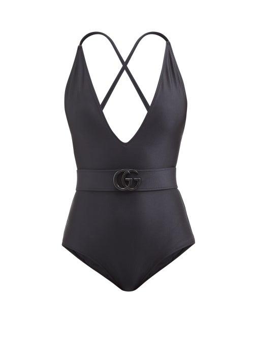 Gucci - Gg-plaque Belted V-neck Jersey Swimsuit - Womens - Black