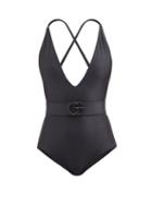 Gucci - Gg-plaque Belted V-neck Jersey Swimsuit - Womens - Black