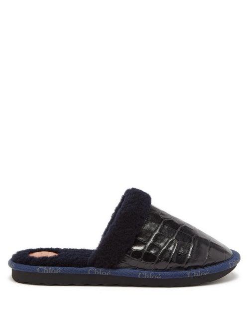 Chlo - Shearling Croc-effect Leather Backless Loafers - Womens - Black
