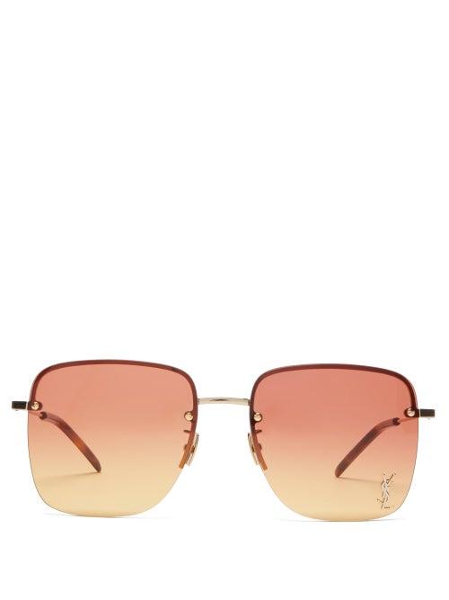 Matchesfashion.com Saint Laurent - Ysl-plaque Square Metal Sunglasses - Womens - Pink