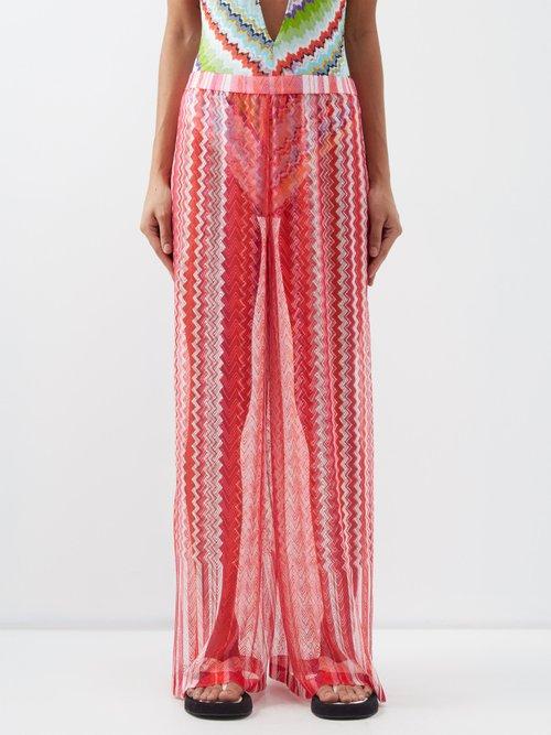 Missoni - Zigzag Sheer-knit Wide-leg Trousers - Womens - Red Pink
