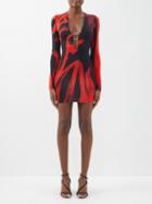 Louisa Ballou - Helios Plunge-front Printed-jersey Mini Dress - Womens - Red Black