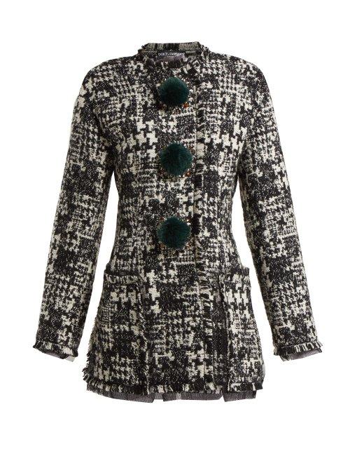 Matchesfashion.com Dolce & Gabbana - Pompom Embellished Tweed Jacket - Womens - Black White