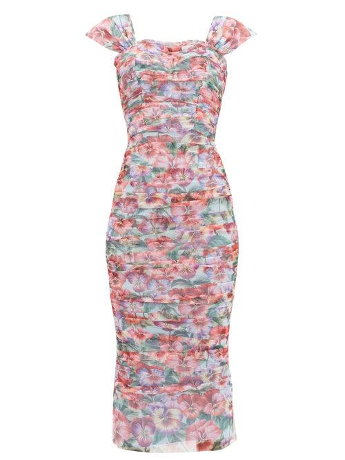 Matchesfashion.com Dolce & Gabbana - Violet-print Ruched Cotton-mesh Dress - Womens - Purple Print