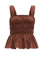 Matchesfashion.com Staud - Ida Peplum-hem Shirred Cotton-poplin Top - Womens - Brown