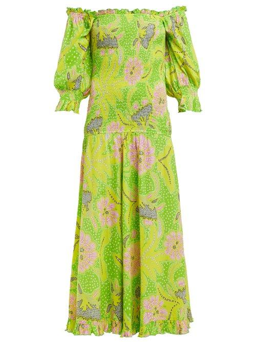 Matchesfashion.com Rhode Resort - Eva Off The Shoulder Smocked Cotton Dress - Womens - Green Multi