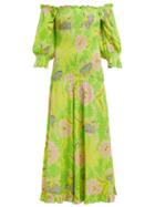 Matchesfashion.com Rhode Resort - Eva Off The Shoulder Smocked Cotton Dress - Womens - Green Multi