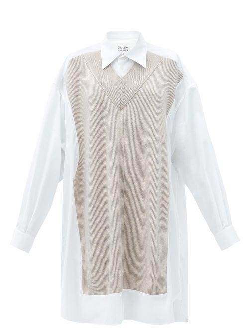 Matchesfashion.com Maison Margiela - Knitted-overlay Cotton-poplin Shirt Dress - Womens - White