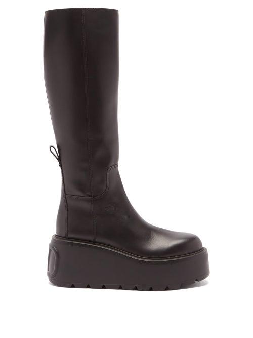 Valentino Garavani - V-logo Leather Knee-high Boots - Womens - Black