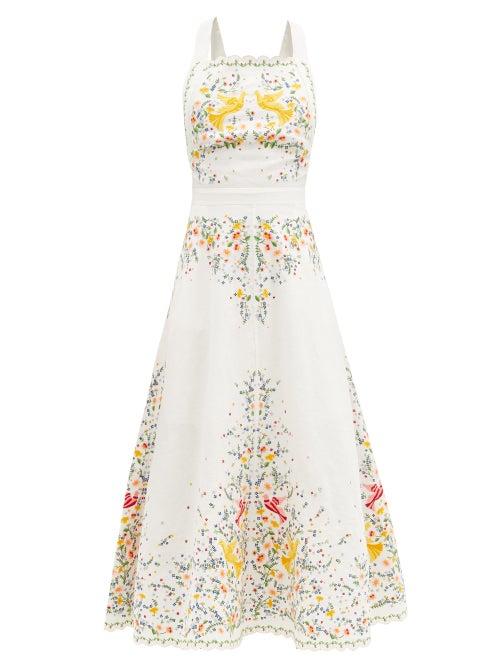 Matchesfashion.com Zimmermann - Carnaby Floral-embroidered Linen Midi Dress - Womens - White Multi