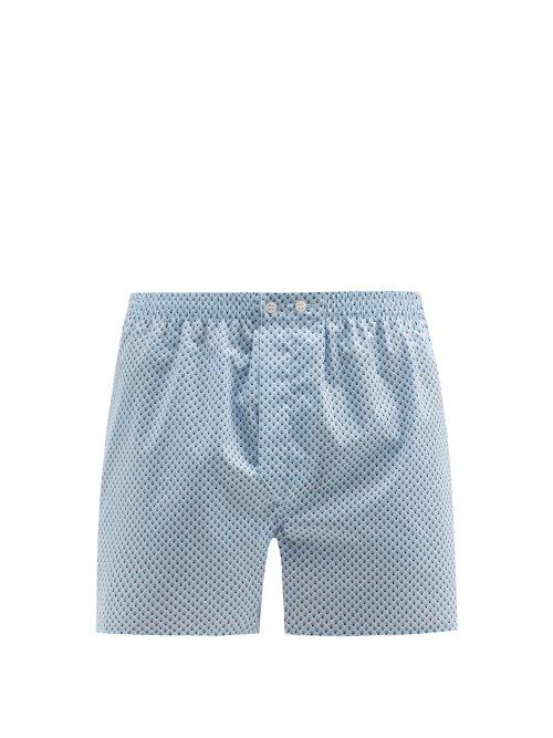 Matchesfashion.com Derek Rose - Ledbury Geometric-print Cotton-poplin Boxer Shorts - Mens - Blue