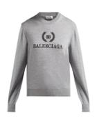 Matchesfashion.com Balenciaga - Embroidered Crest Logo Virgin Wool Sweater - Womens - Light Grey