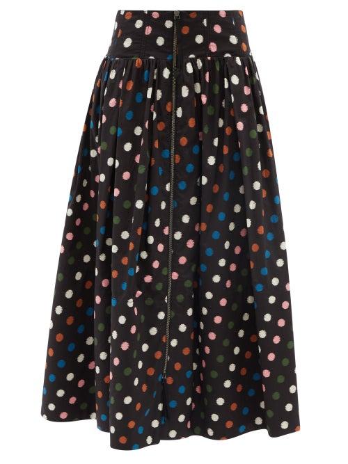 Carolina Herrera - Polka-dot Cotton-poplin Midi Skirt - Womens - Black Multi