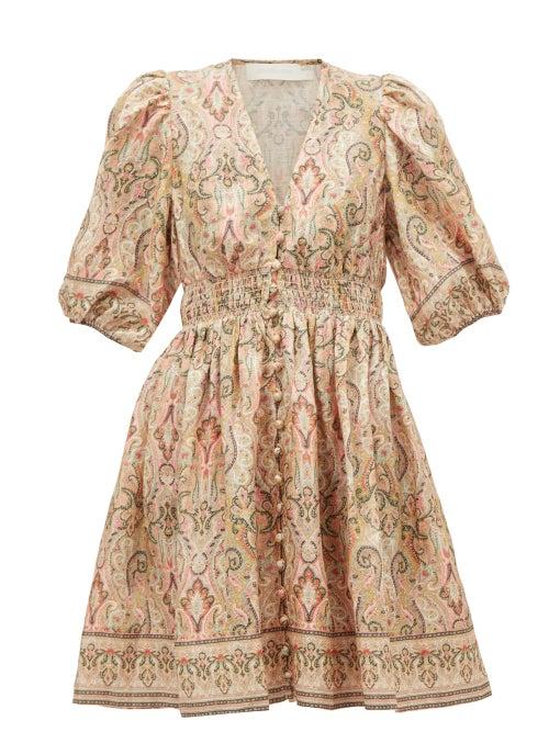 Matchesfashion.com Zimmermann - Freja Paisley-print Linen Mini Dress - Womens - Pink Print