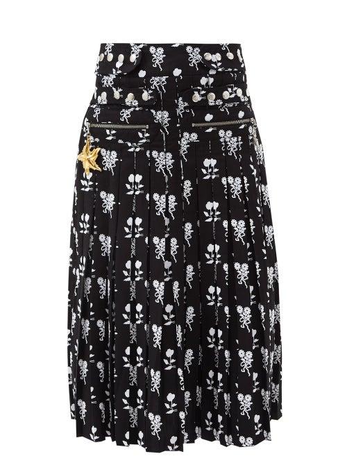 Chopova Lowena - Flocked Floral-print Pleated Cotton Skirt - Womens - Black White