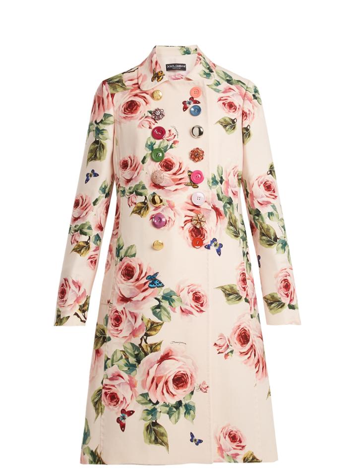 Dolce & Gabbana Rose-print Double-breasted Wool-blend Coat