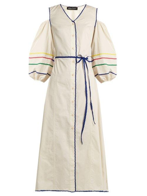 Matchesfashion.com Anna October - Cut Out Shoulder Ric Rac Trim Cotton Dress - Womens - White Multi