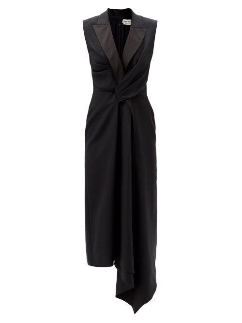 Matchesfashion.com Alexander Mcqueen - Gathered Asymmetric Wool-blend Tuxedo Dress - Womens - Black