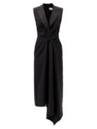 Matchesfashion.com Alexander Mcqueen - Gathered Asymmetric Wool-blend Tuxedo Dress - Womens - Black
