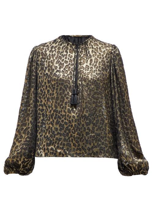 Matchesfashion.com Saint Laurent - Leopard Print Lam Balloon Sleeve Blouse - Womens - Black Gold