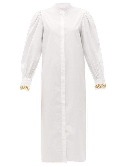 Matchesfashion.com Salim Azzam - Embroidered-cuff Balloon-sleeve Cotton Shirt Dress - Womens - White