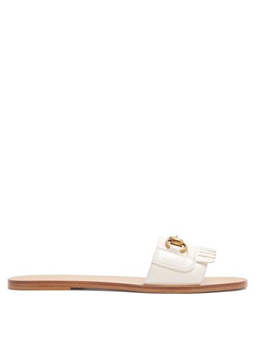 Matchesfashion.com Gucci - Fringe Detailed Horsebit Leather Slides - Womens - White