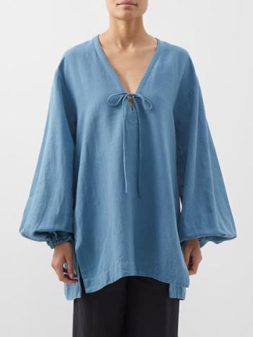 Fil De Vie - Cybele Linen Balloon-sleeve Tunic - Womens - Blue