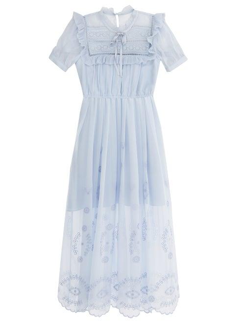 Self-portrait - Lace-yoke Gathered-chiffon Dress - Womens - Light Blue