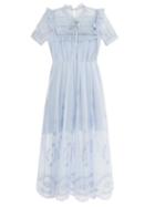 Self-portrait - Lace-yoke Gathered-chiffon Dress - Womens - Light Blue