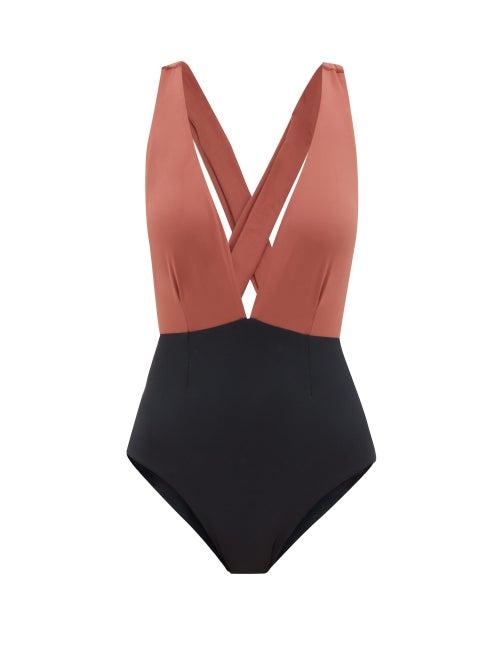 Matchesfashion.com Haight - Marina Plunge-neck Bi-colour Swimsuit - Womens - Black Brown