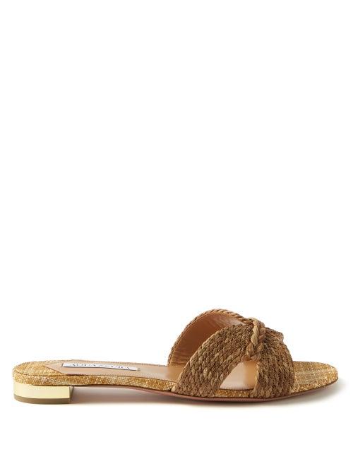 Aquazzura - Braided-raffia Slides - Womens - Brown