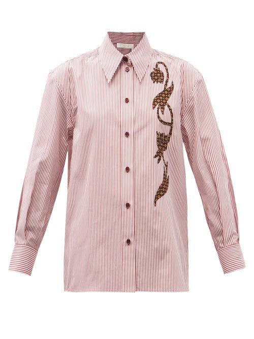 Matchesfashion.com Chlo - Floral-appliqu Striped Cotton-poplin Shirt - Womens - Red White