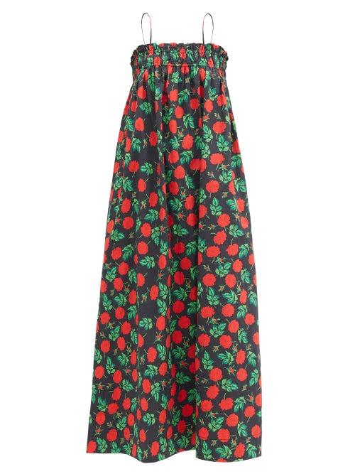 Matchesfashion.com Ganni - Shirred Rose-print Cotton Midi Dress - Womens - Black Multi
