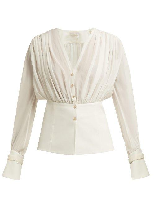 Matchesfashion.com Chlo - Gathered Silk Pongee V Neck Blouse - Womens - White