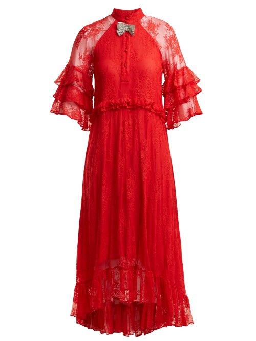 Matchesfashion.com Dodo Bar Or - Rossano Bow Embellished Floral Lace Dress - Womens - Red