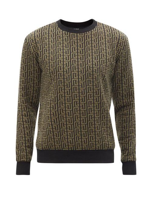 Balmain - Monogram-jacquard Cotton-blend Sweatshirt - Mens - Green
