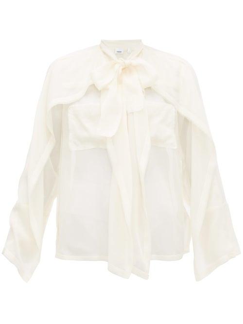 Matchesfashion.com Burberry - Pussy Bow Panelled Silk Chiffon Blouse - Womens - Ivory