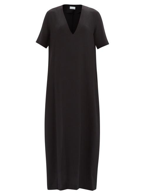 Raey - Low V-neck Silk T-shirt Maxi Dress - Womens - Black