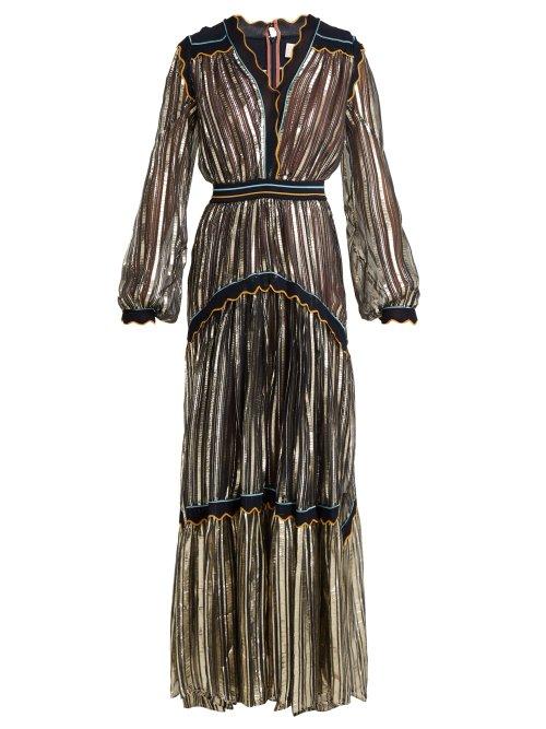Matchesfashion.com Peter Pilotto - Metallic Tiered Silk Blend Chiffon Gown - Womens - Gold