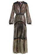 Matchesfashion.com Peter Pilotto - Metallic Tiered Silk Blend Chiffon Gown - Womens - Gold