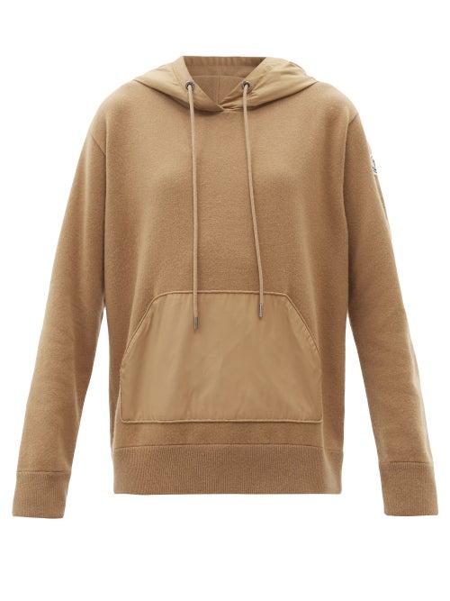 Ladies Rtw Moncler - Logo-patch Panelled Wool-blend Hooded Sweater - Womens - Camel