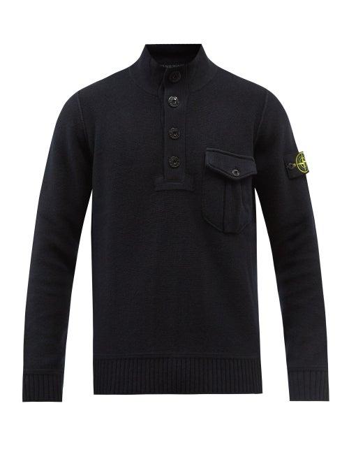 Stone Island - Logo-patch Buttoned Virgin Wool Sweater - Mens - Navy