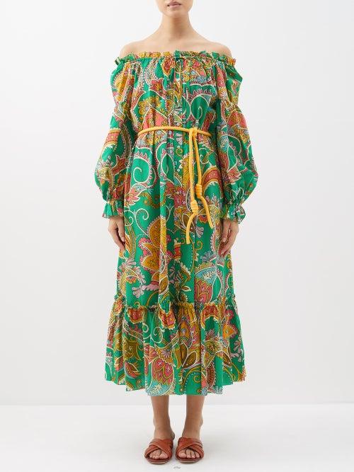 Ale Mais - Marion Paisley-print Organic-cotton Poplin Dress - Womens - Green Multi