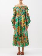 Ale Mais - Marion Paisley-print Organic-cotton Poplin Dress - Womens - Green Multi