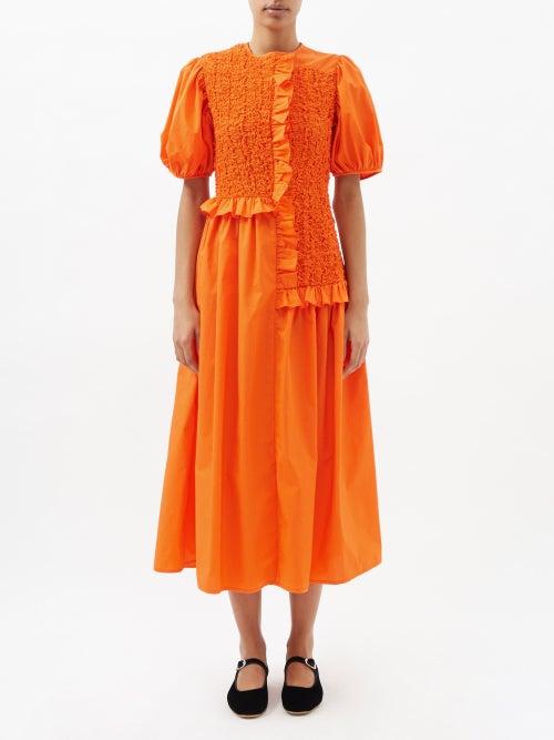 Cecilie Bahnsen - Camden Smocked Cotton-blend Poplin Dress - Womens - Orange