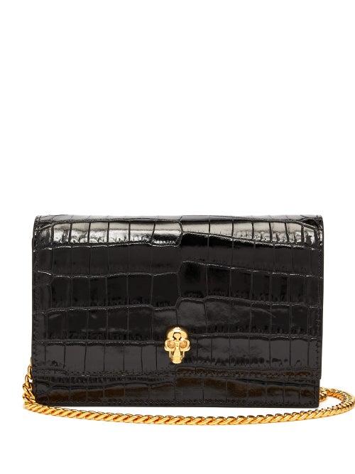 Matchesfashion.com Alexander Mcqueen - Skull Mini Crocodile Effect Leather Cross Body Bag - Womens - Black