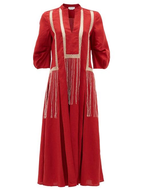 Matchesfashion.com Gabriela Hearst - Orpheus Macram-panel Aloe-linen Midi Dress - Womens - Red